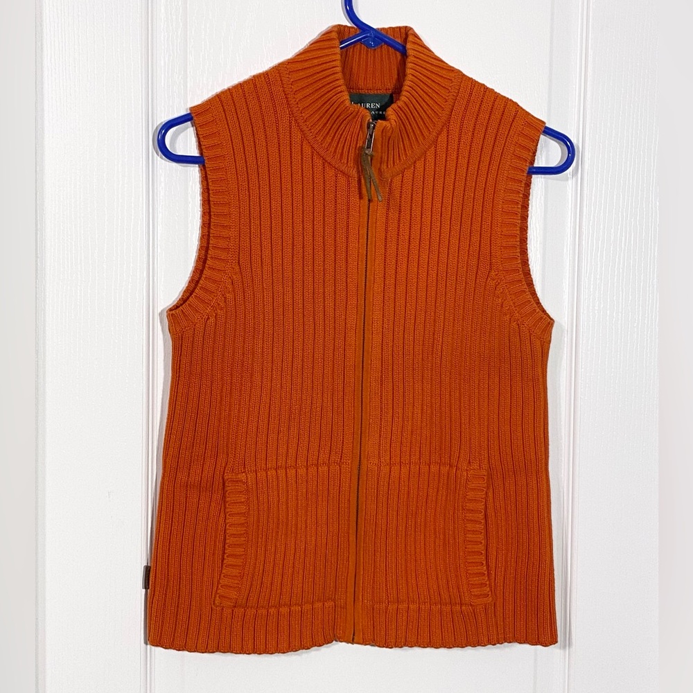 Y2K VTG Lauren Ralph Lauren Leather Accent Ribbed Knit Zip Sweater Vest Orange M